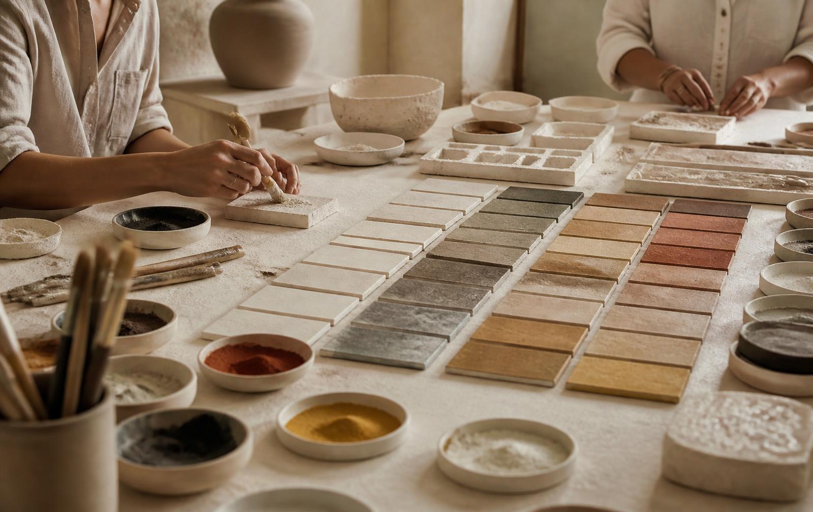 A long pale table laid with pigmented colour tiles, pigment bowls and moulds