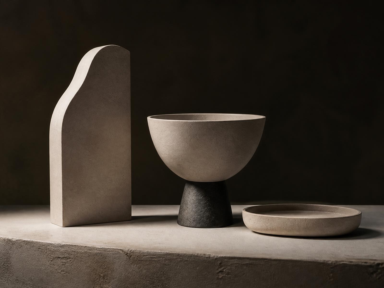 A trio of cast vessels in muted pigments on a pale surface