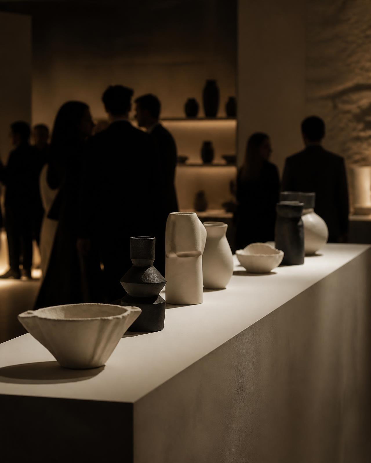 Guests gathered around a low-lit table of material studies