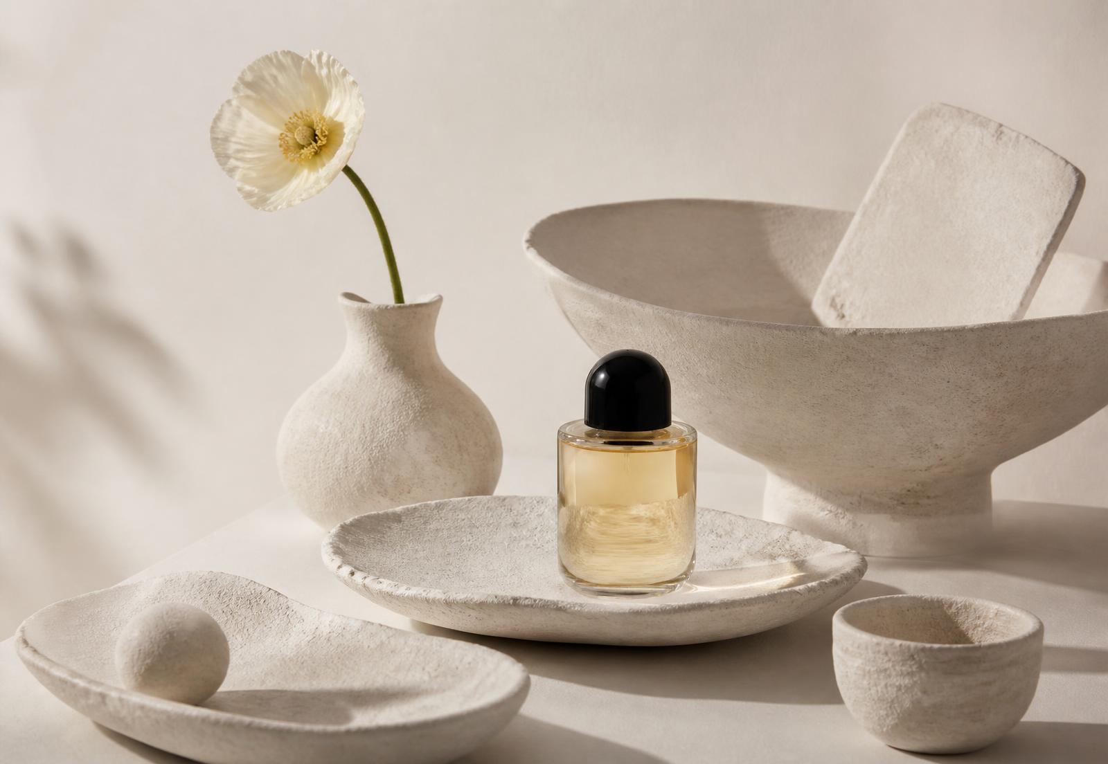 Cast vessels arranged with a fragrance bottle
